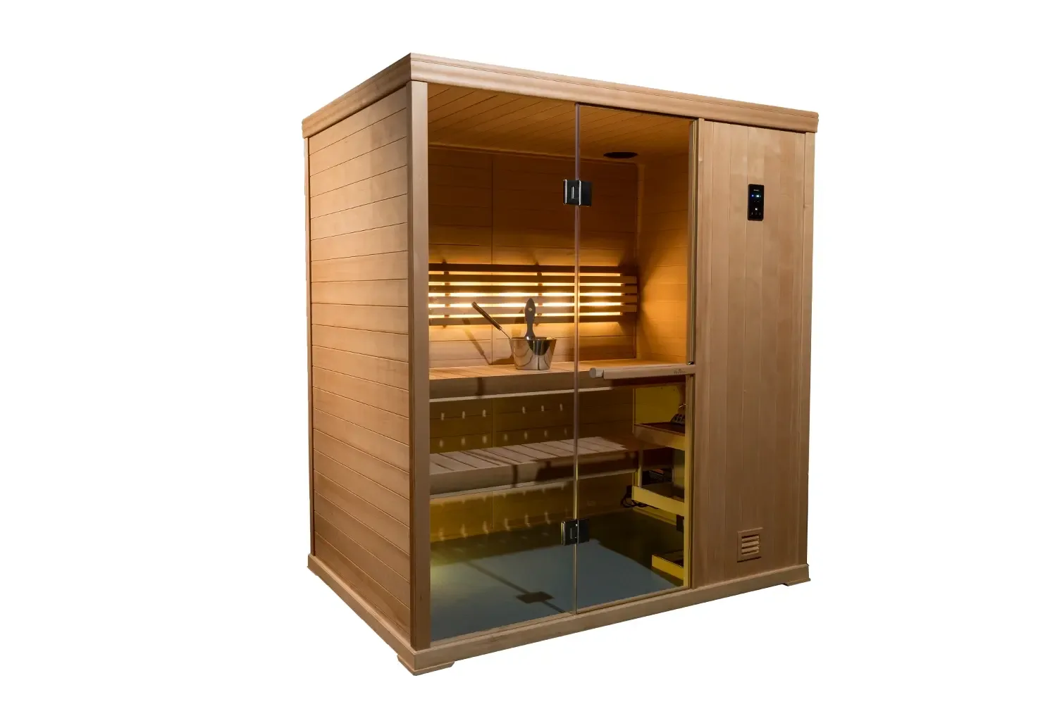 Interior of Hallmark 46 sauna, seats up to three, with benches and heater