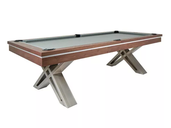 Modern pool table with stainless steel legs and walnut finish