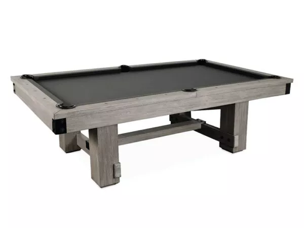 Rustic wood pool table with metal accents and gray finish