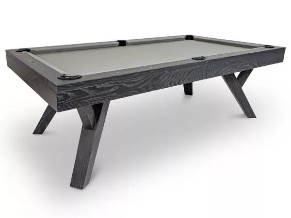 solid oak pool table with rustic finish in mid-century modern design
