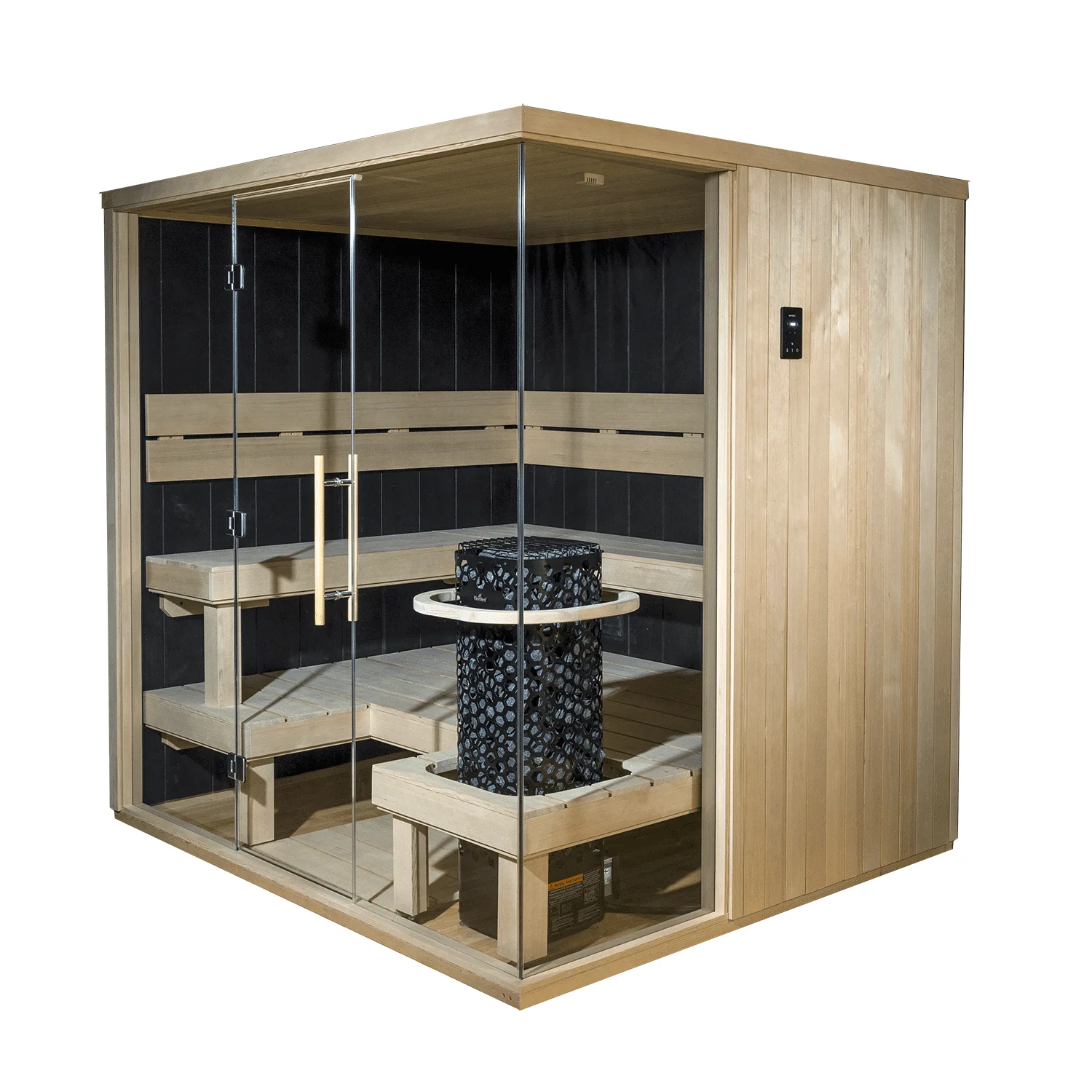 Stylish Finnish sauna interior with black and light wood paneling