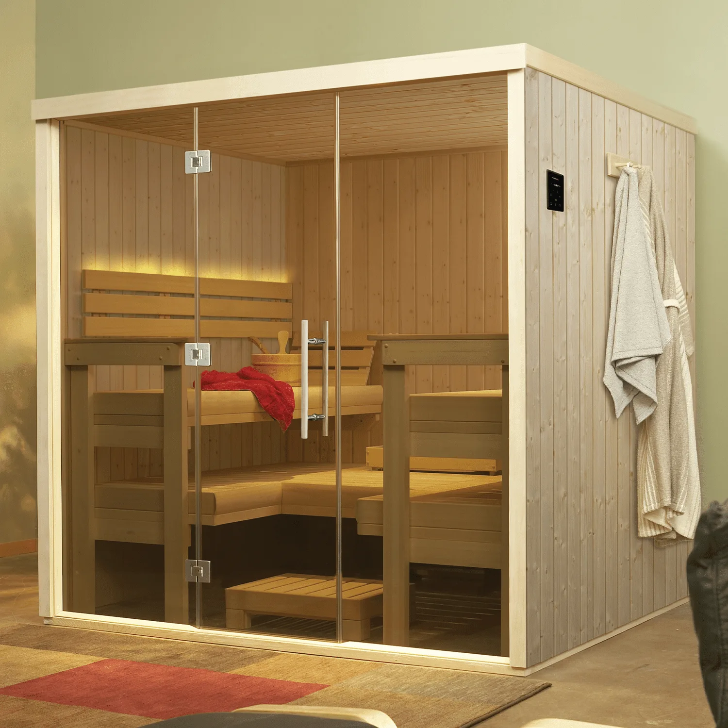 Nordic White Spruce sauna with glass front and Abachi benches