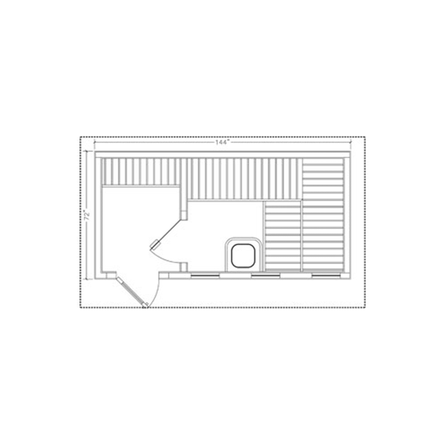 Floor plan of a 6' x 12' outdoor sauna with changing room